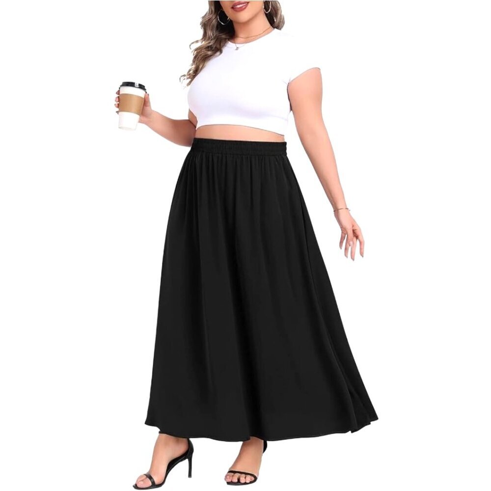Plus Size Maxi Skirt Elastic High Waist A-Line Flowy Boho Casual with Pockets
